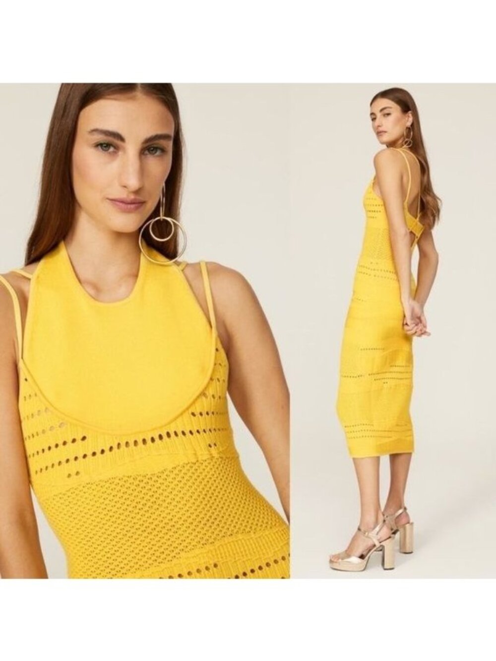 Esteban Cortazar Crochet Halter Midi Dress M Yellow Knit Sheer Cutout